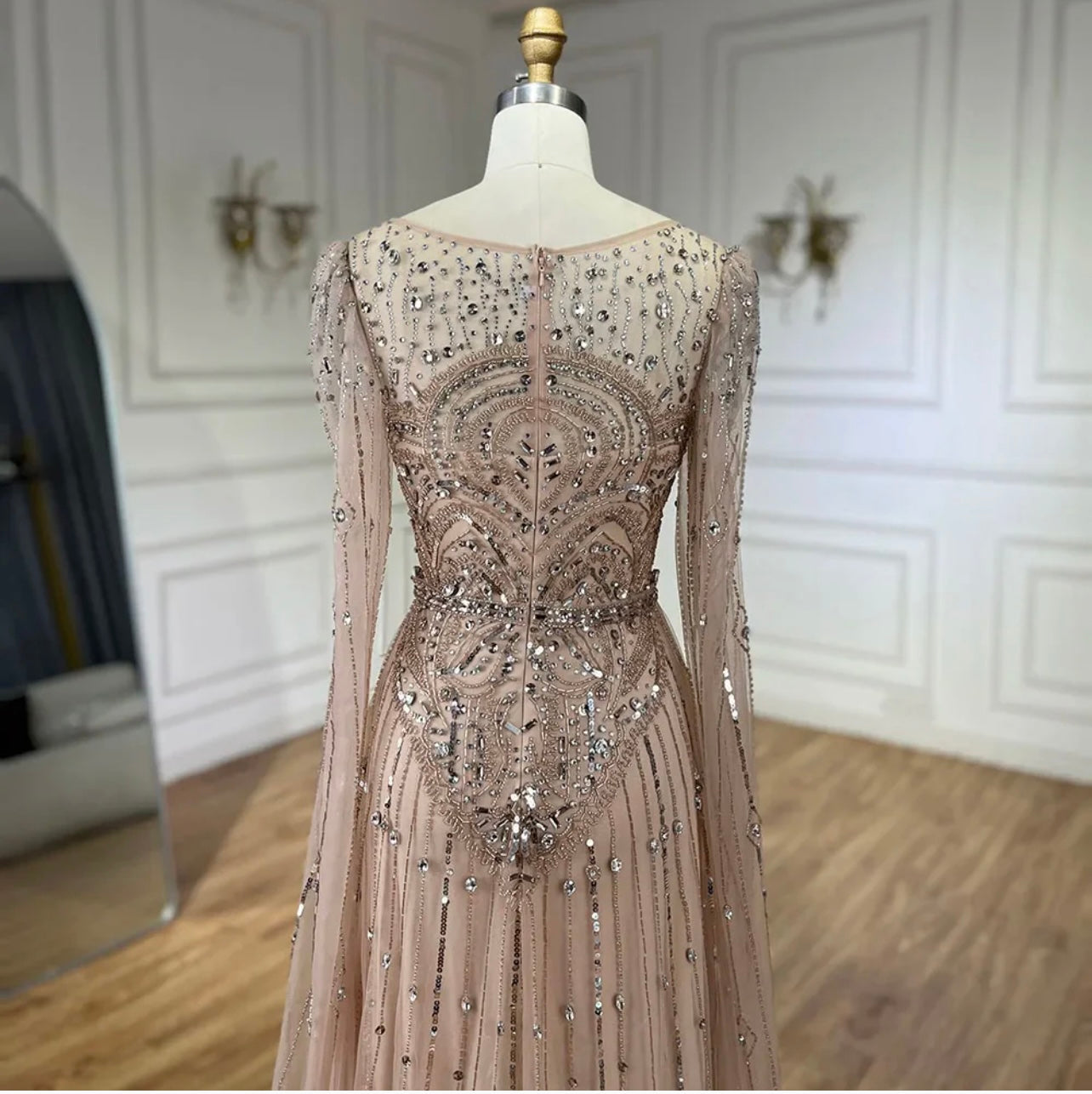 Luxury Pearls Dubai Champagne Mermaid Evening Dresses with Cape Guest of Wedding Gala Gown