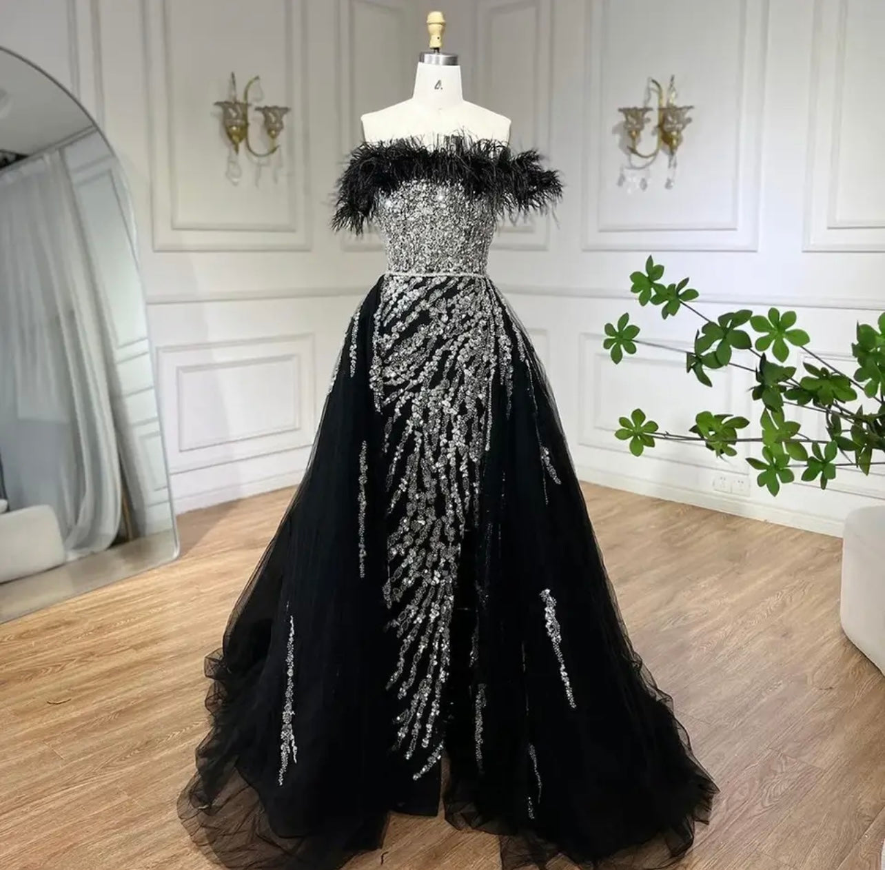 Diamond Feather Mermaid Elegant With Overskirt Evening Dresses Gowns For Gala Guest of Wedding