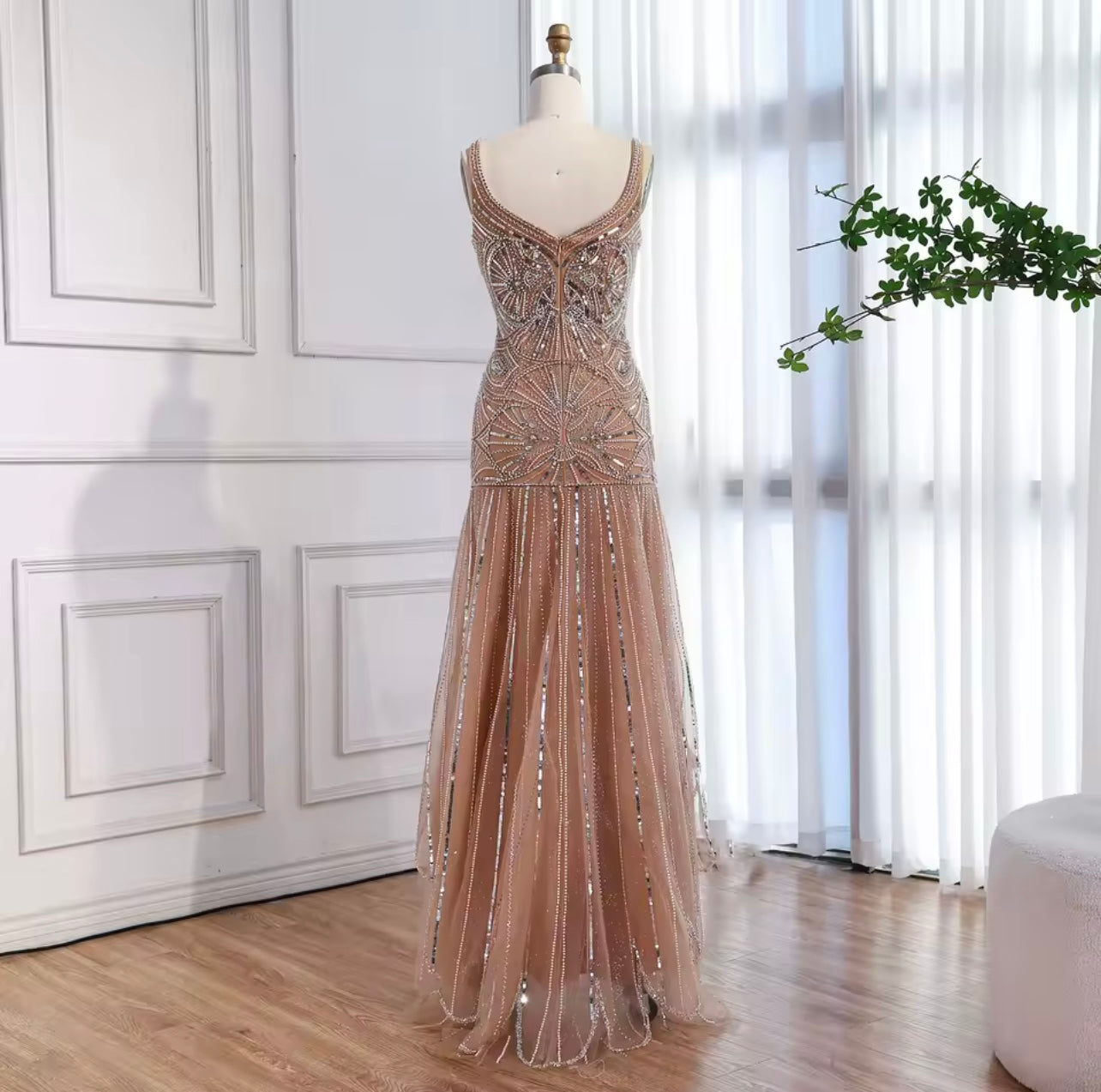 Luxury Nude Spaghetti Strap Beaded A line Evening Dress Elegant Gown Formal Party Occasion