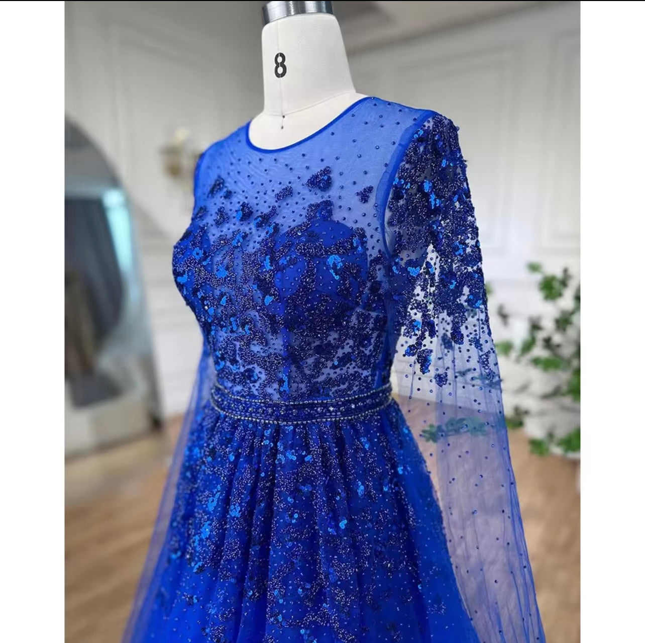 Blue Cape Sleeves Embellished Luxury Dubai Evening Dress Ball Gown Gala Gown 2024 Guest of Wedding Dress