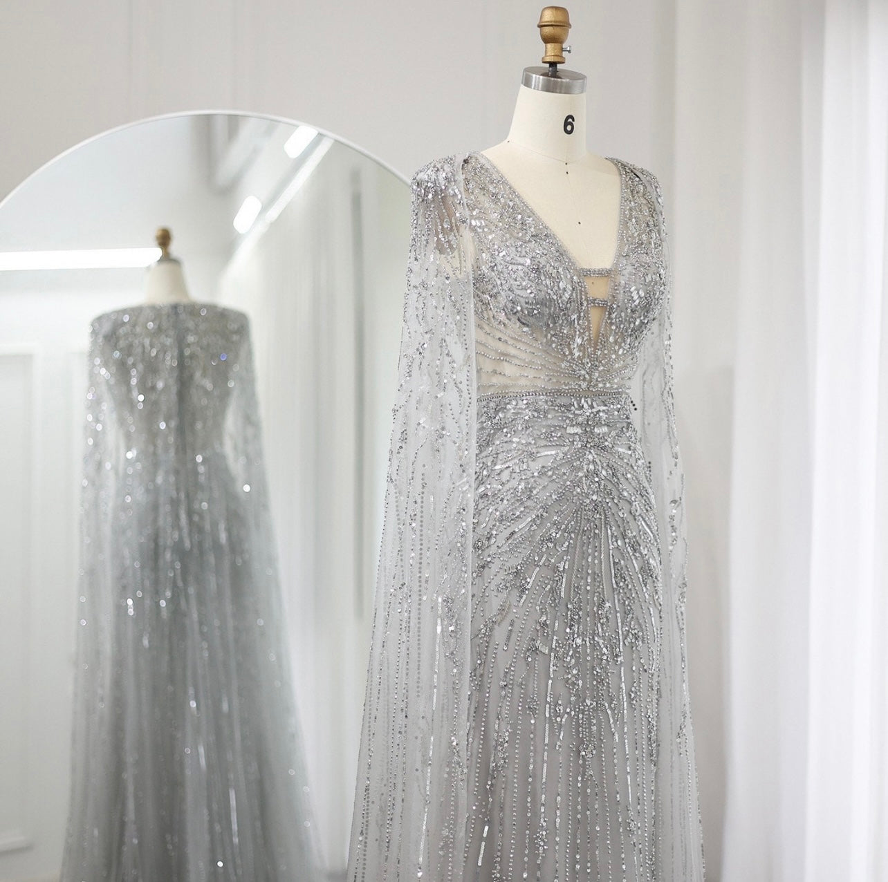 Elegant Turquoise Mermaid Evening Dresses with Cape Sleeves V-Neck Silver Grey Wedding Formal Guest of Wedding Bridesmaid Gowns