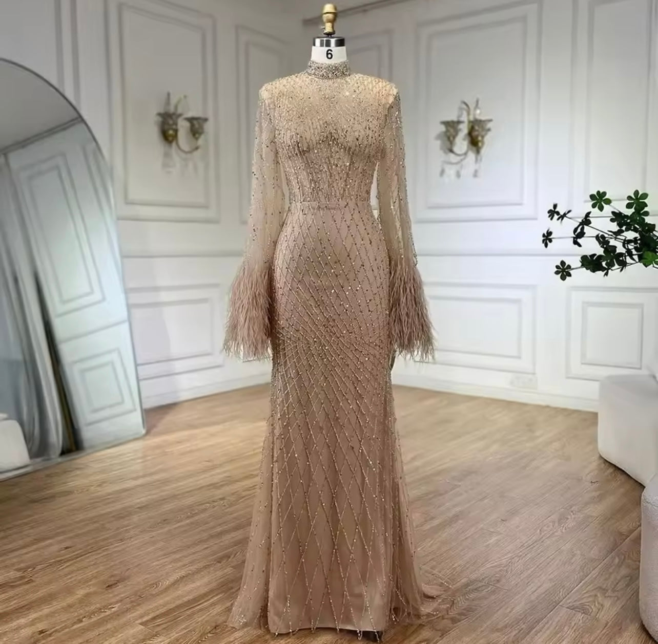Dubai Ball Gown Nude Illusion Cut Out Lace Embellished with Beads Feather Detail Mermaid Long Evening Guest Of Wedding Dress