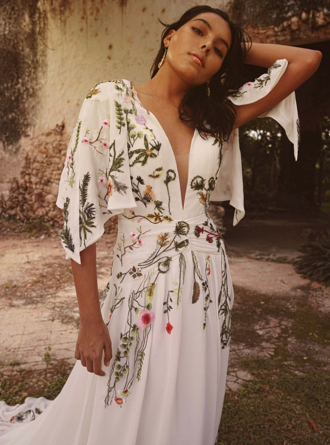 Wedding Dress Embroidery Floral Bridal Gown Open Back A Line Dress With Colorful Floral Detail