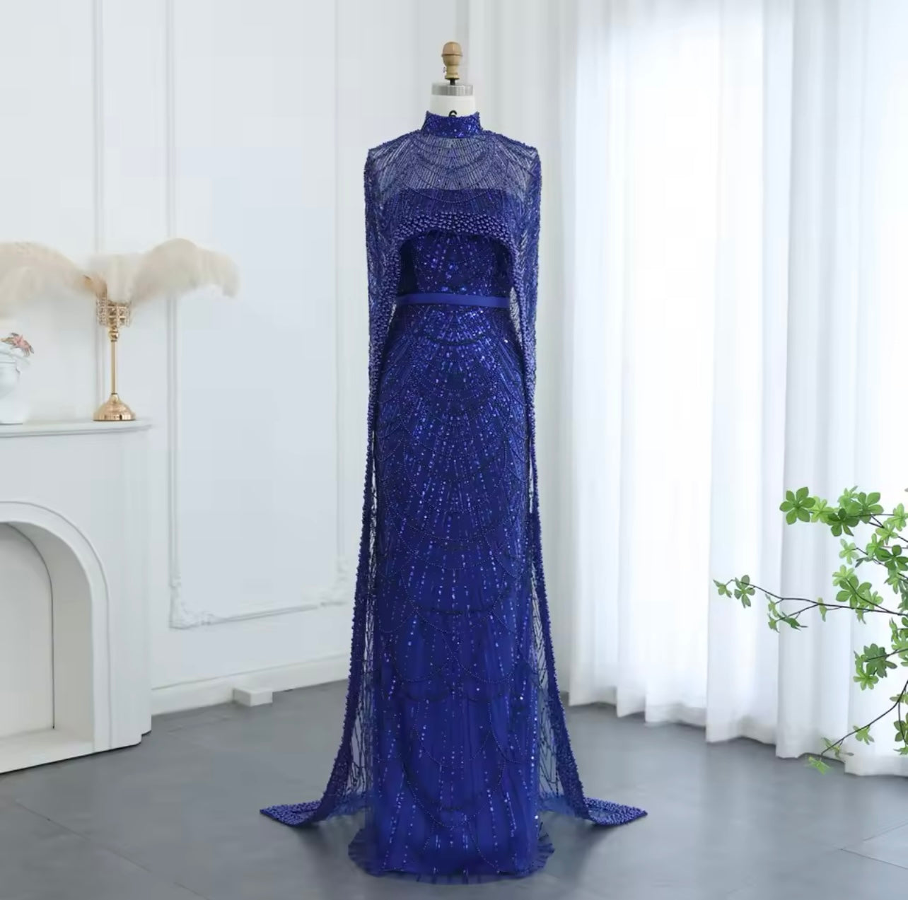 Luxury Pearls Dubai Champagne Mermaid Evening Dresses with Cape Guest of Wedding Gala Gown