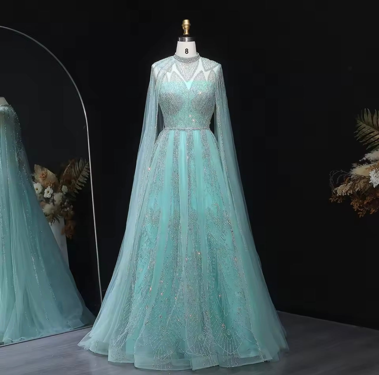 Luxury Evening Dress with Cape Sleeves Gala Wedding Guest Party Ball Gown