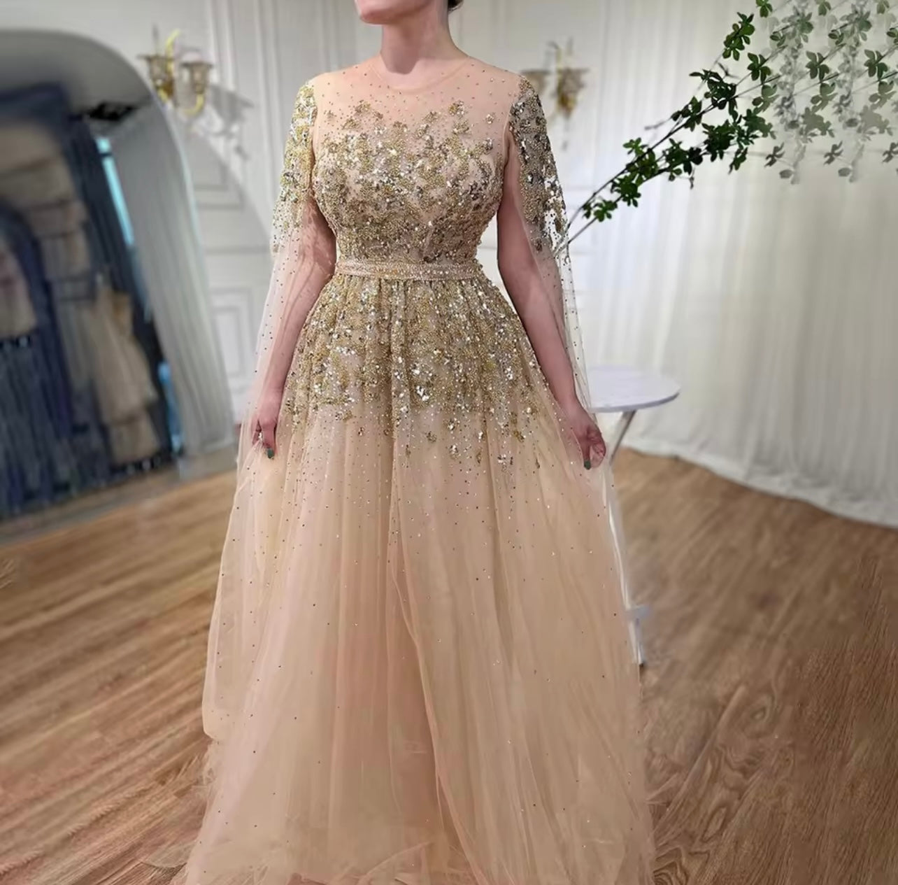 Blue Cape Sleeves Embellished Luxury Dubai Evening Dress Ball Gown Gala Gown 2024 Guest of Wedding Dress