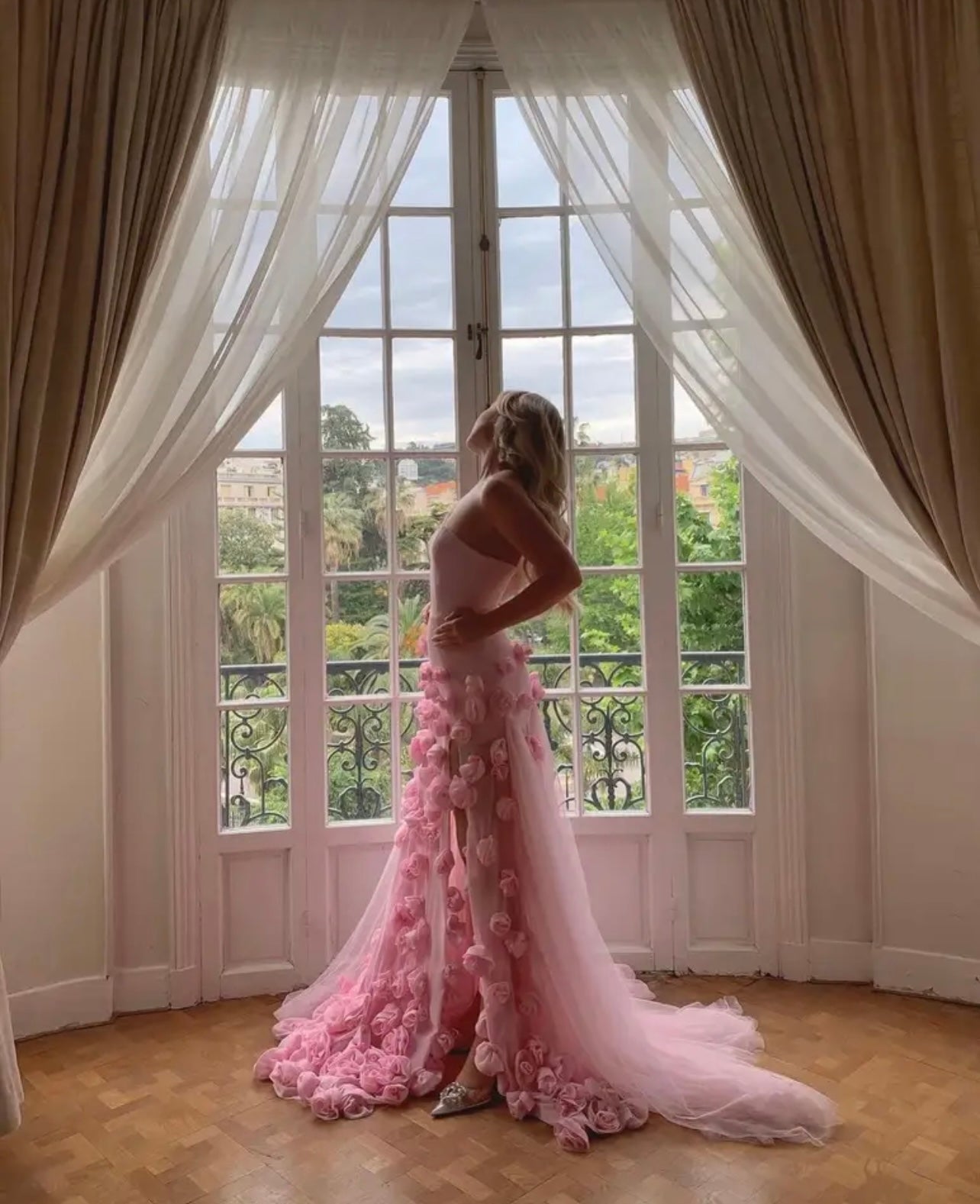 Chic Baby Pink 3D Flowers Mermaid Evening Gown Sweetheart Side Slit Prom Guest of Wedding Dress