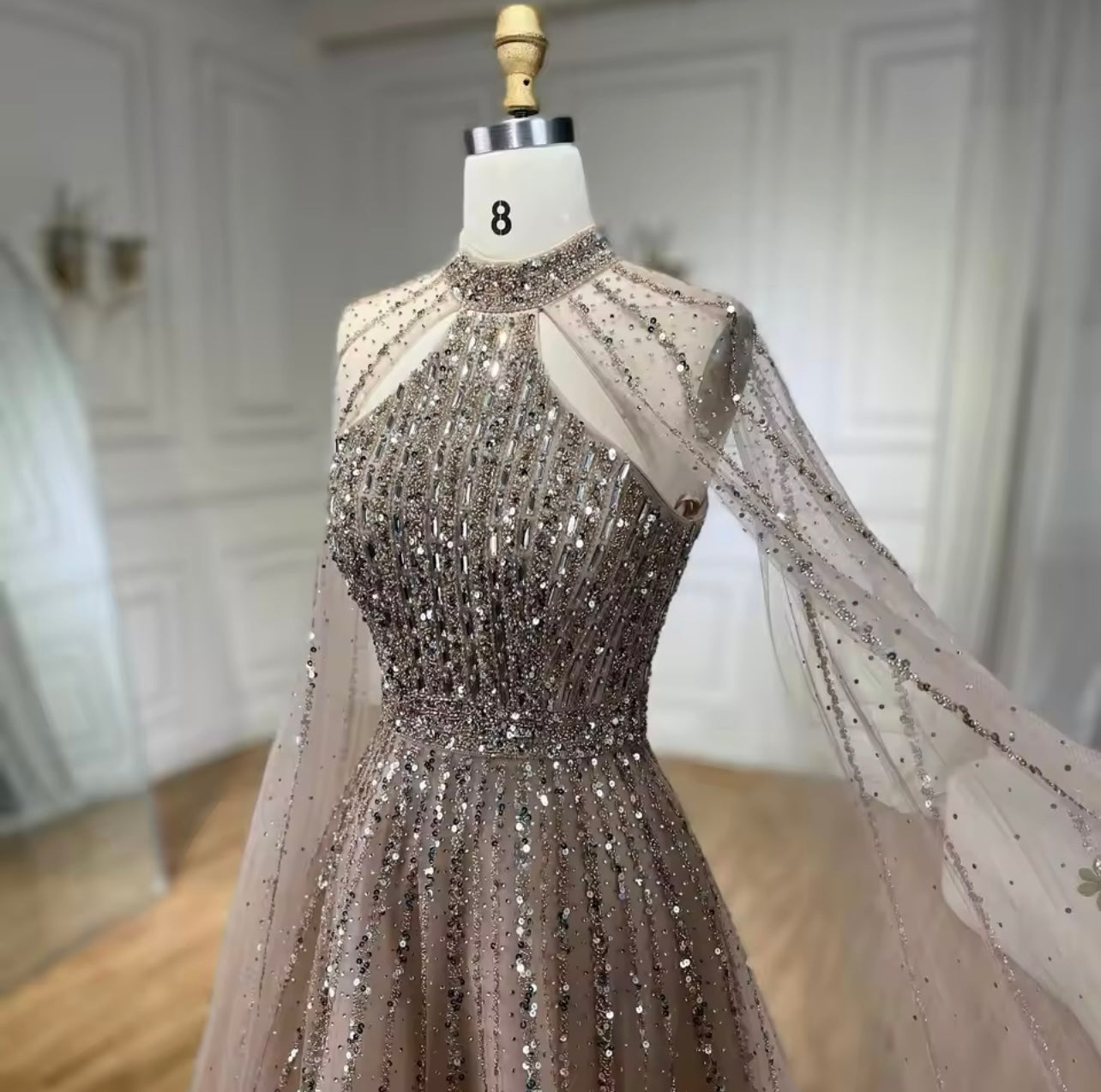 Caramel A-Line Cape Sleeves Beaded Luxury Dubai Evening Dresses Gowns For Women Guest of Wedding