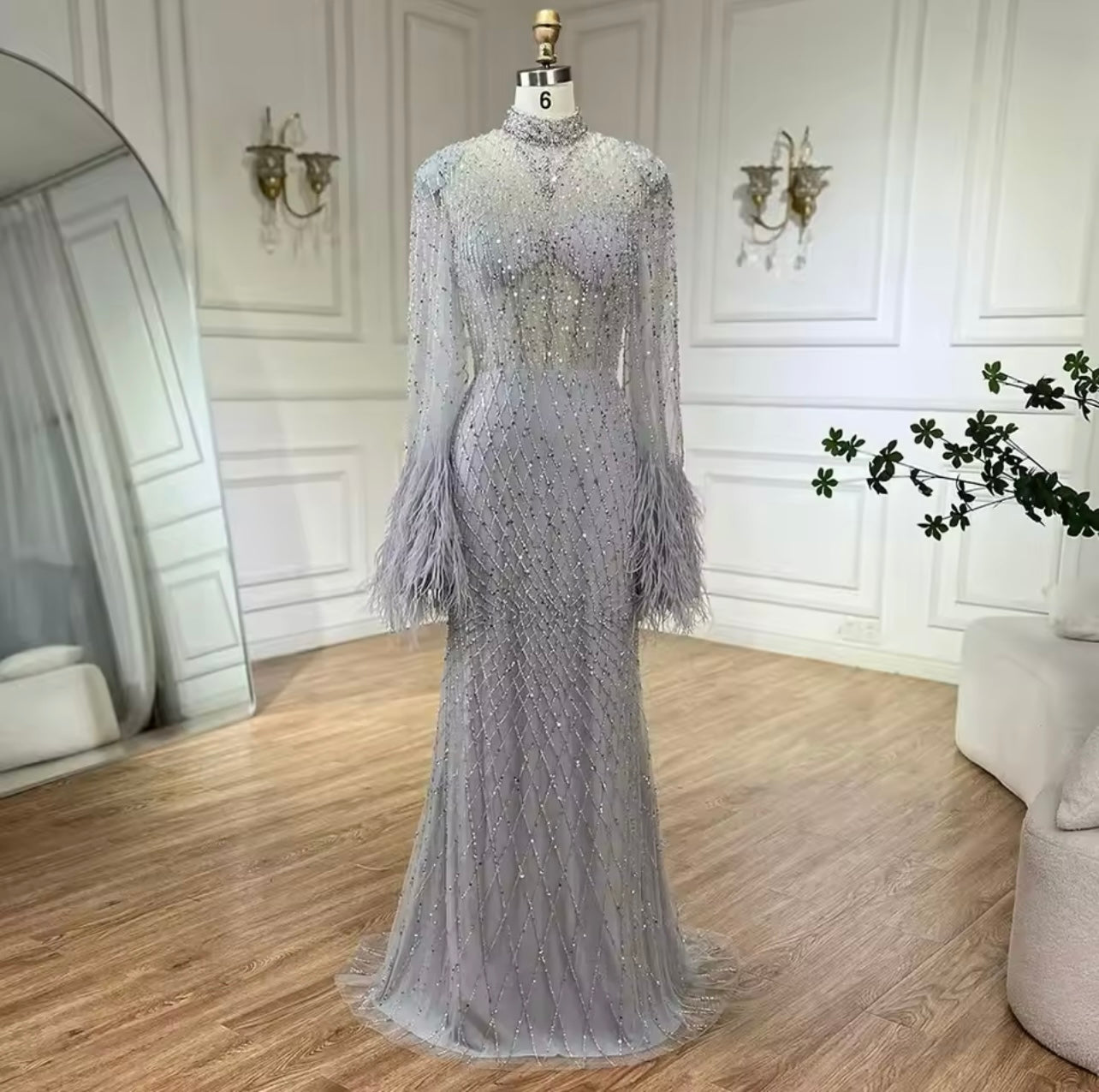 Dubai Ball Gown Nude Illusion Cut Out Lace Embellished with Beads Feather Detail Mermaid Long Evening Guest Of Wedding Dress
