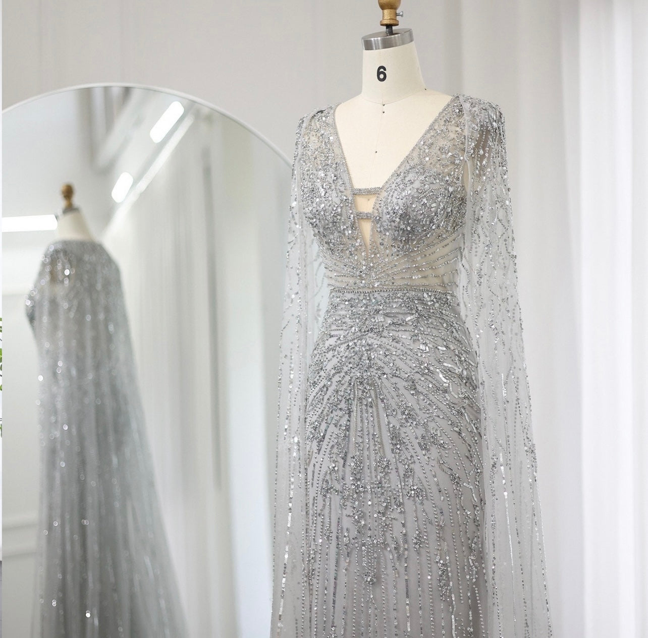 Elegant Turquoise Mermaid Evening Dresses with Cape Sleeves V-Neck Silver Grey Wedding Formal Guest of Wedding Bridesmaid Gowns
