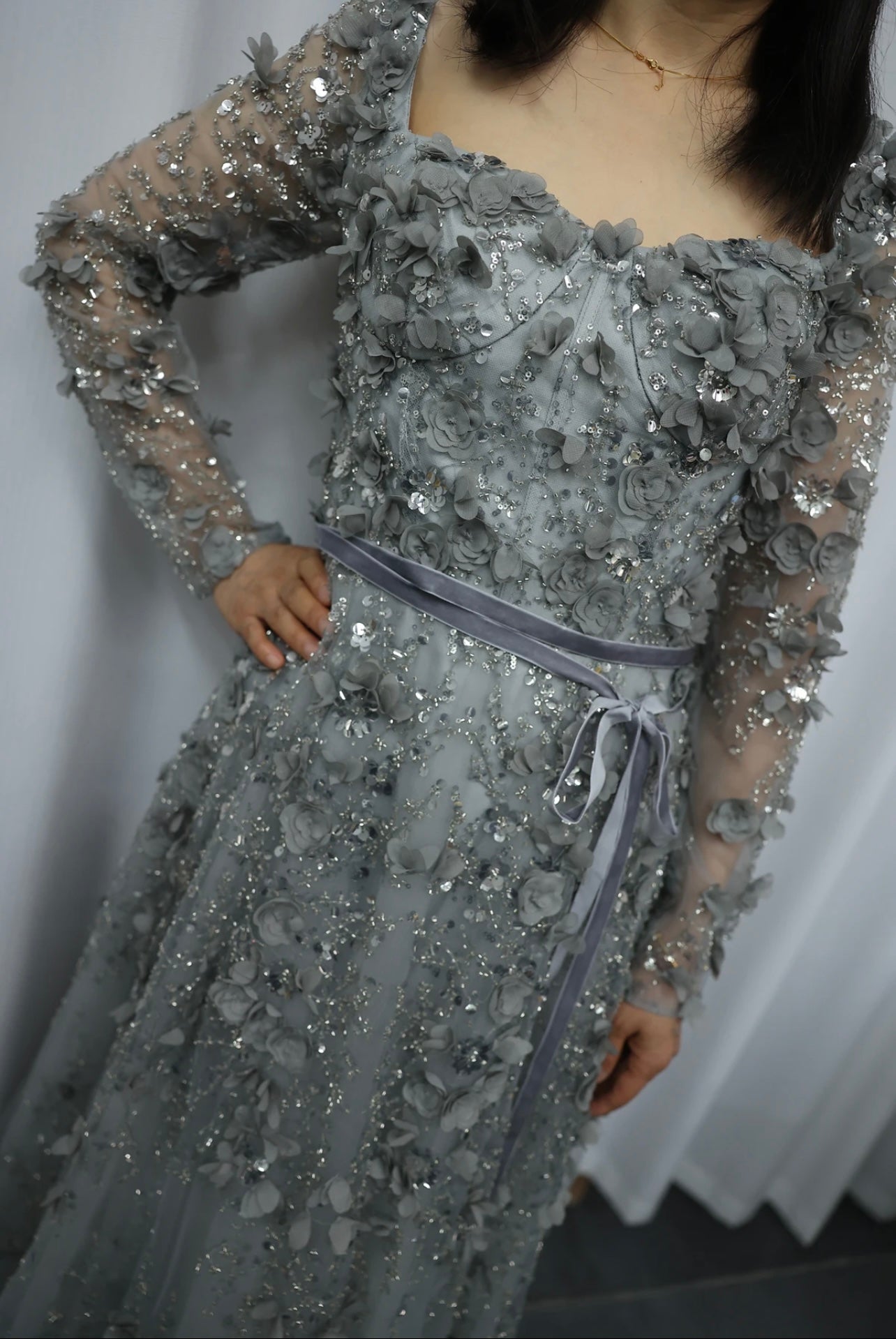 Luxury 3D Flower Long Sleeves Evening Dresses for Women Wedding Party Elegant A-line Formal Gowns Braidsmaid