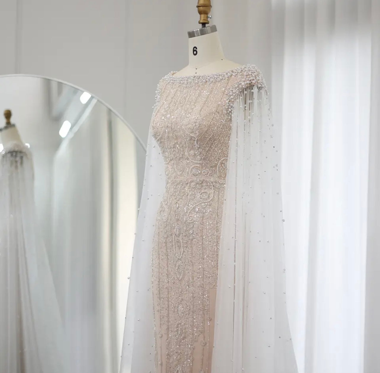 White Nude Mermaid Evening Dress with Cape Sleeves for Women Wedding Guest of Wedding Gala Arabic Bridal Party Gown