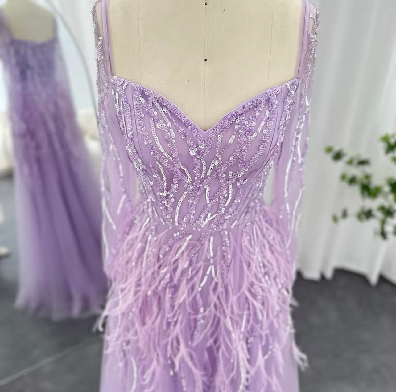 Luxury evening dress formal dress wedding Blue Mermaid Cape Sleeves With Feather V Neck Evening Dress Beaded Party ball Gown For Women