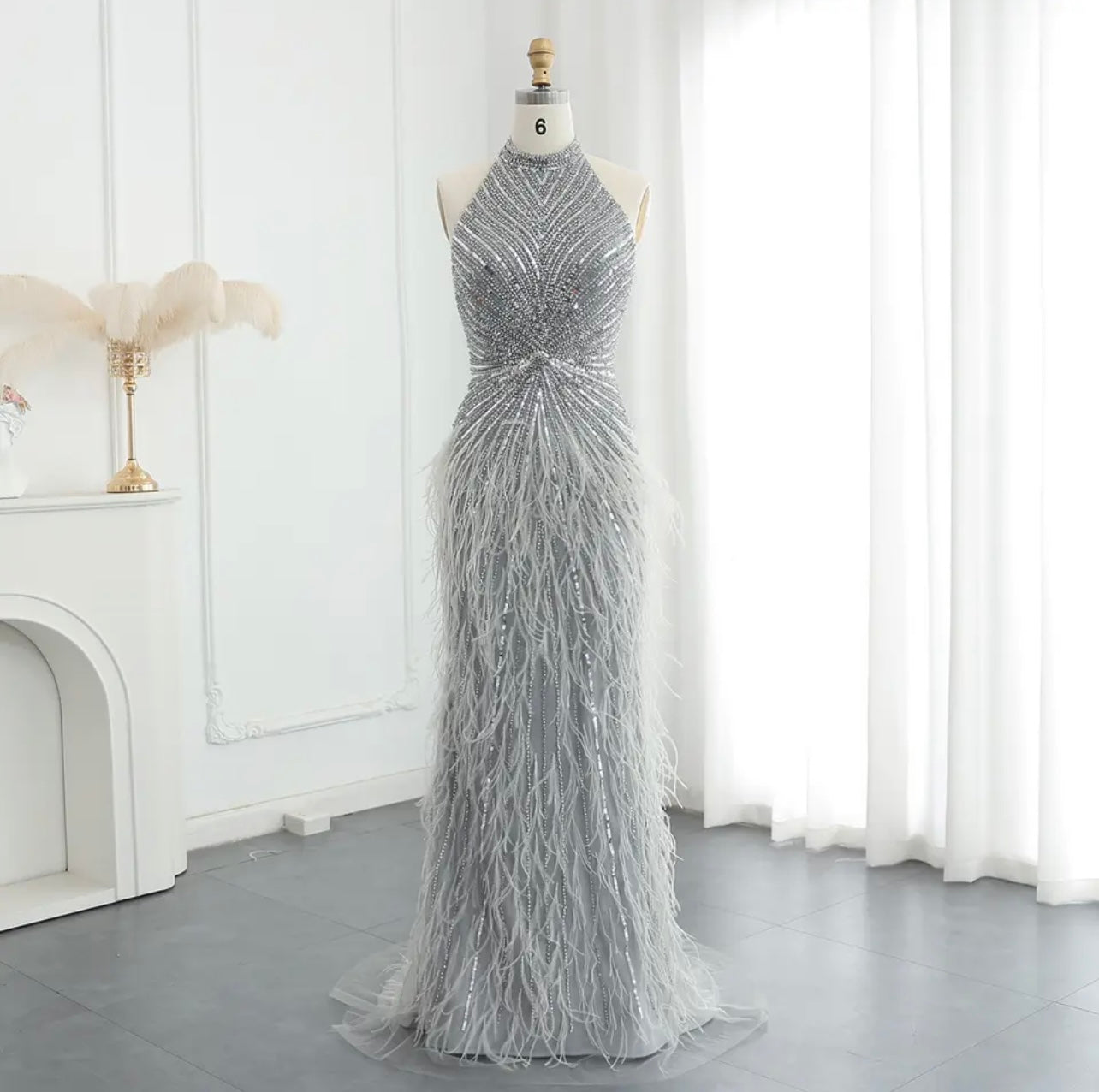 Luxury Beaded Feathers Mermaid Silver Gray Evening Dress Guest of Wedding Halter Backless Formal Gown