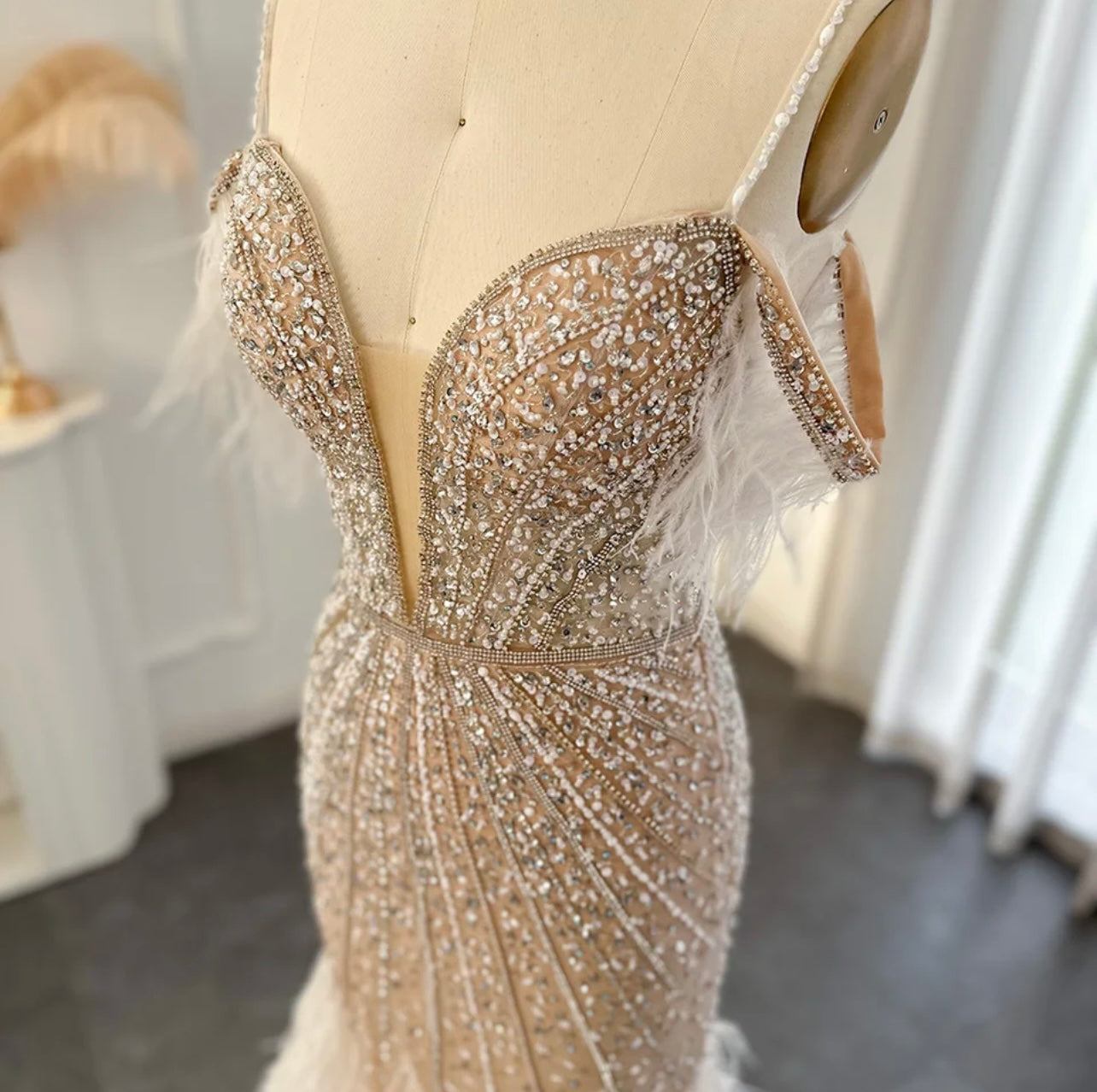 Sequin formal dress ball gown champagne evening dress with feather detail