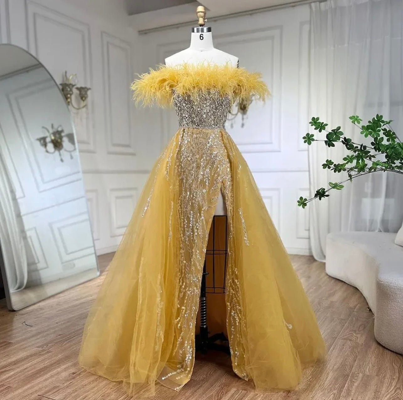 Diamond Feather Mermaid Elegant With Overskirt Evening Dresses Gowns For Gala Guest of Wedding