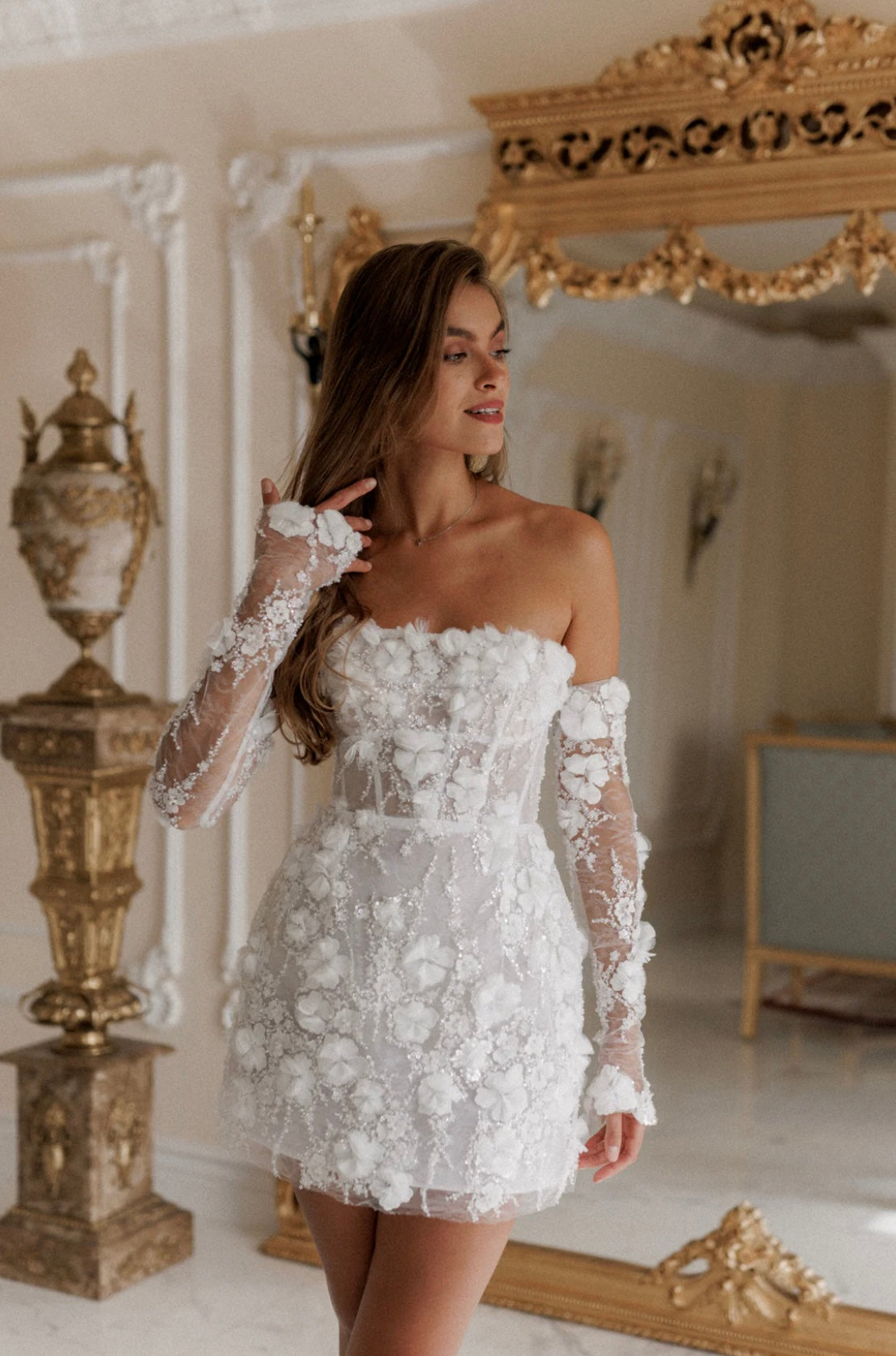 The Perfect Short Bridal Party Dress With Floral Detail Strapless Matching Gloves