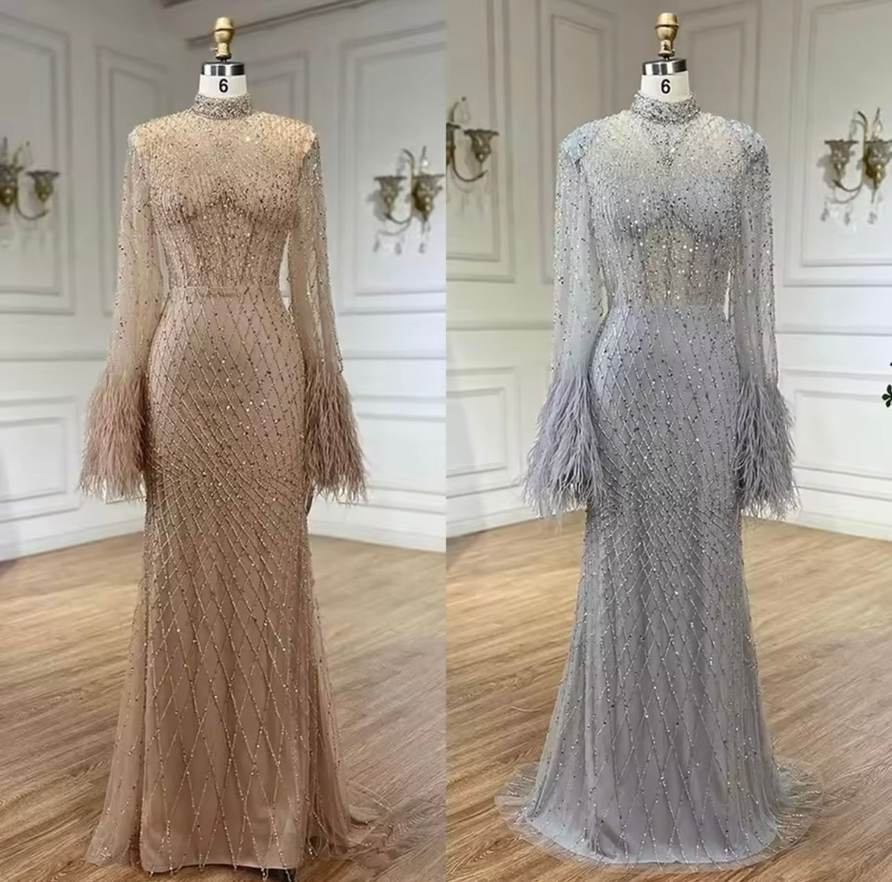 Dubai Ball Gown Nude Illusion Cut Out Lace Embellished with Beads Feather Detail Mermaid Long Evening Guest Of Wedding Dress