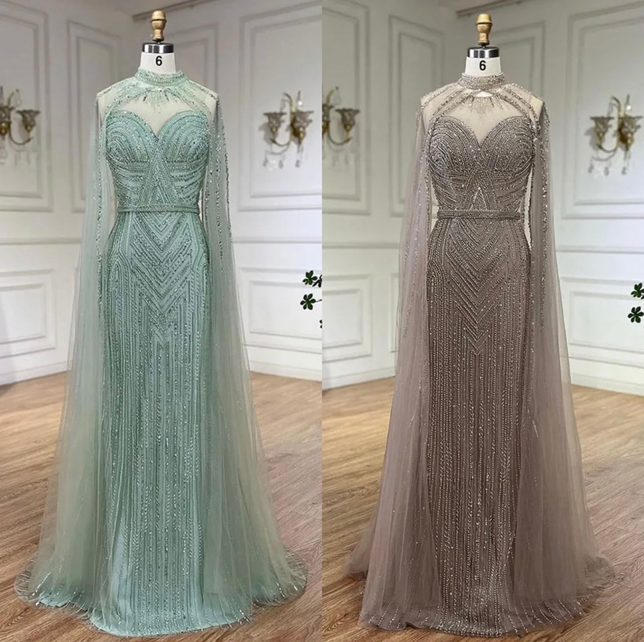 Caramel Elegant Cape Sleeves Mermaid Beaded Evening Dresses Long Gowns Guest of Wedding