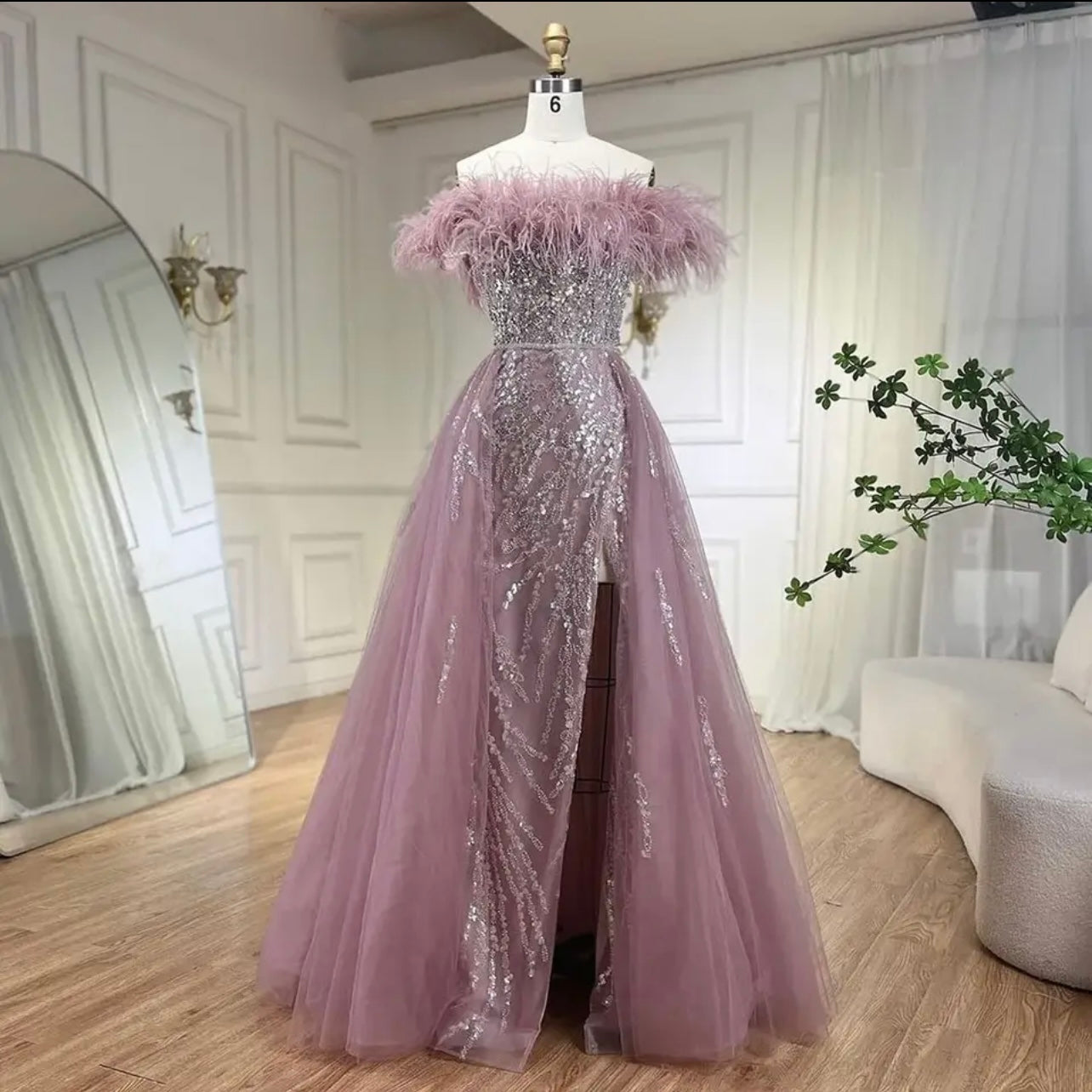 Diamond Feather Mermaid Elegant With Overskirt Evening Dresses Gowns For Gala Guest of Wedding