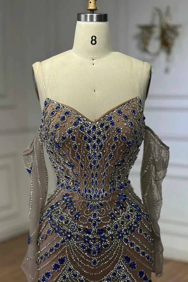 Blue Saudi Arabic Evening Gown Strapless Long Sleeves Beaded Dress For Formal Occasions Birthday Dress Ball Gown