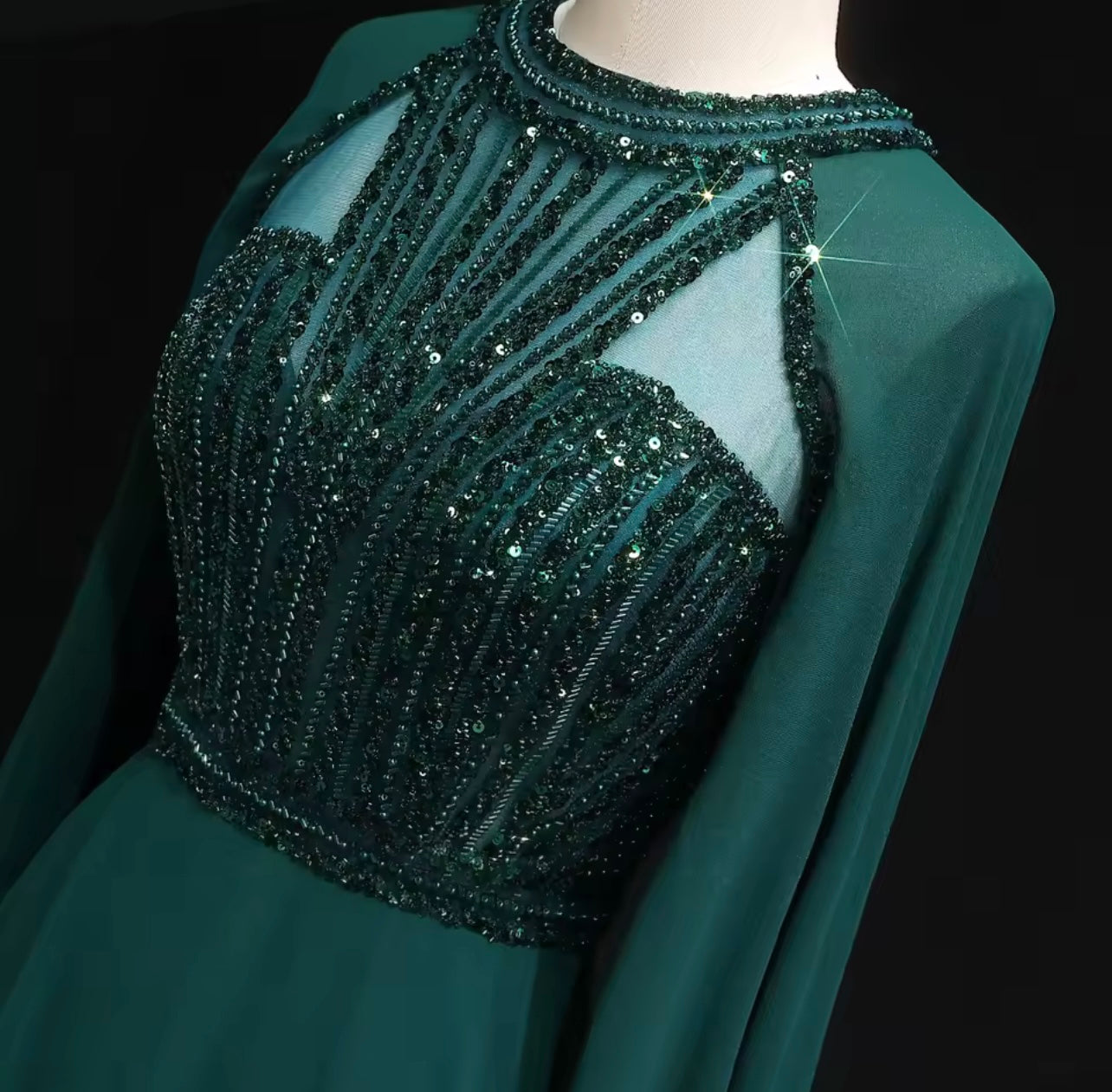 Emerald Green Sequined Evening Dress with Cape Sleeves Women Wedding Guest Gown Gala Gown