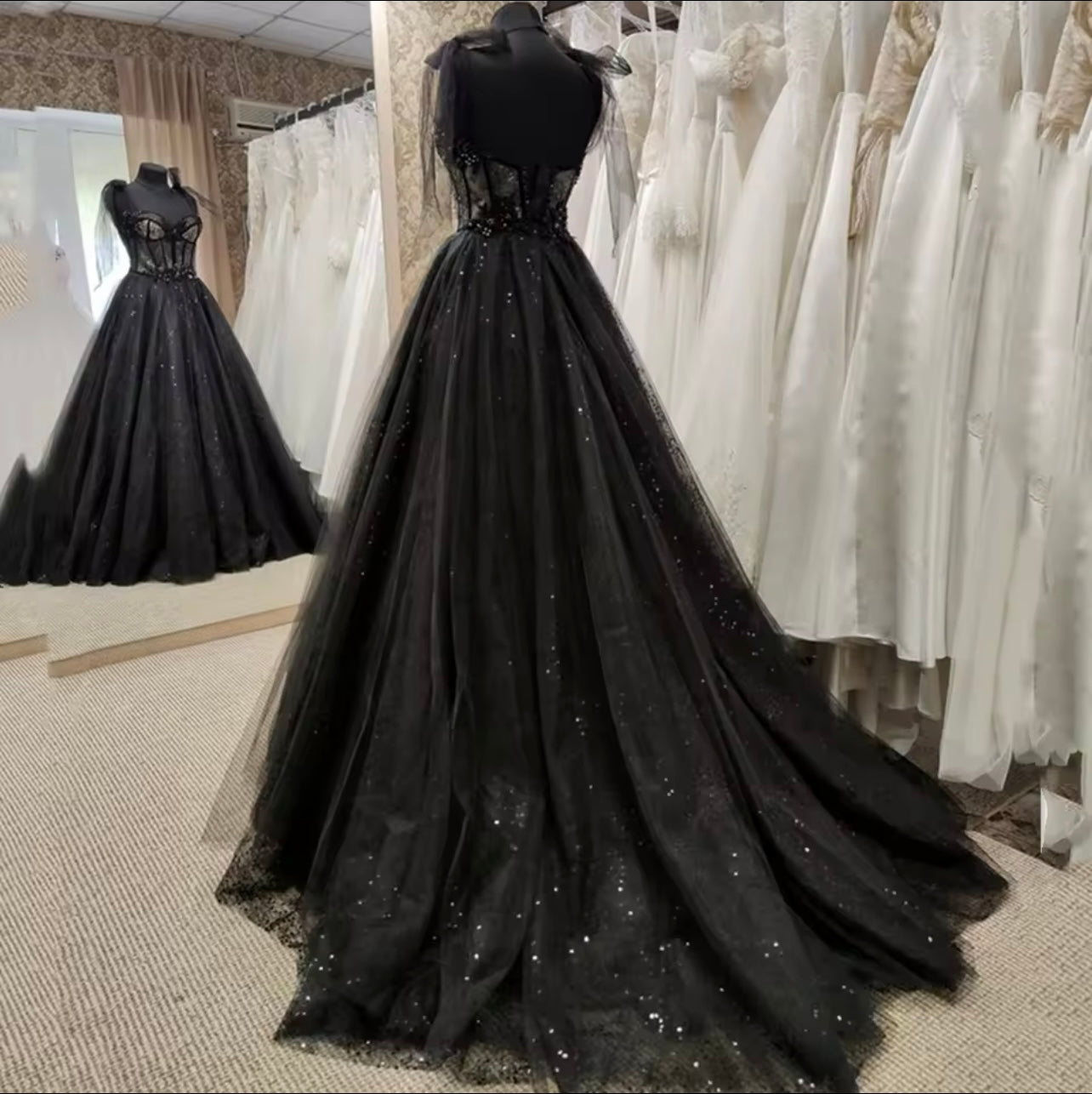 Black Backless Tulle Wedding Dress Elegant A-Line Prom Dress with Sweep Train