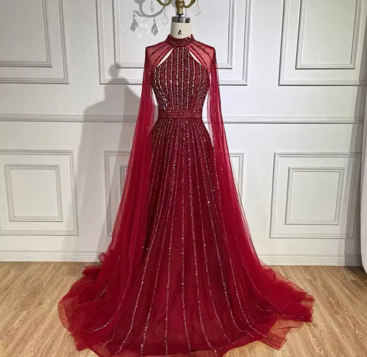Caramel A-Line Cape Sleeves Beaded Luxury Dubai Evening Dresses Gowns For Women Guest of Wedding