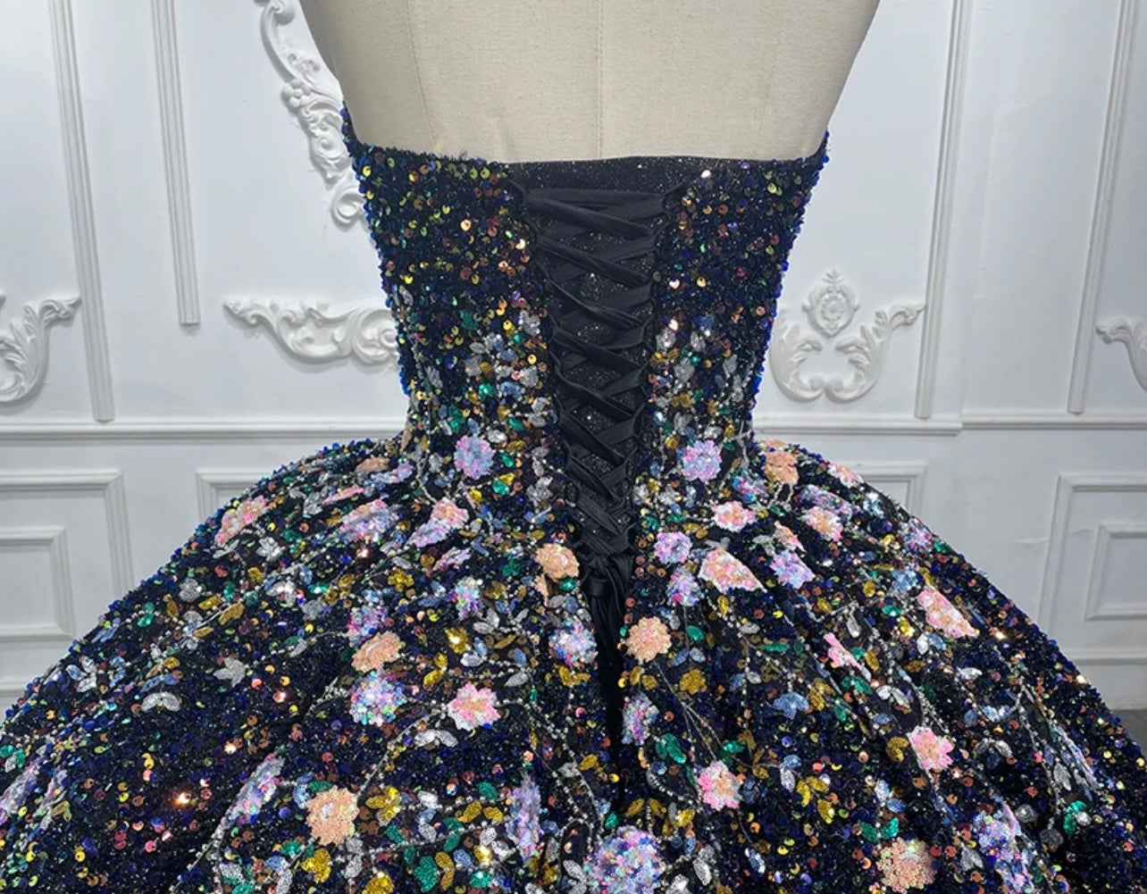 Unique Black Sequined Floral Detail Quinceanera dress