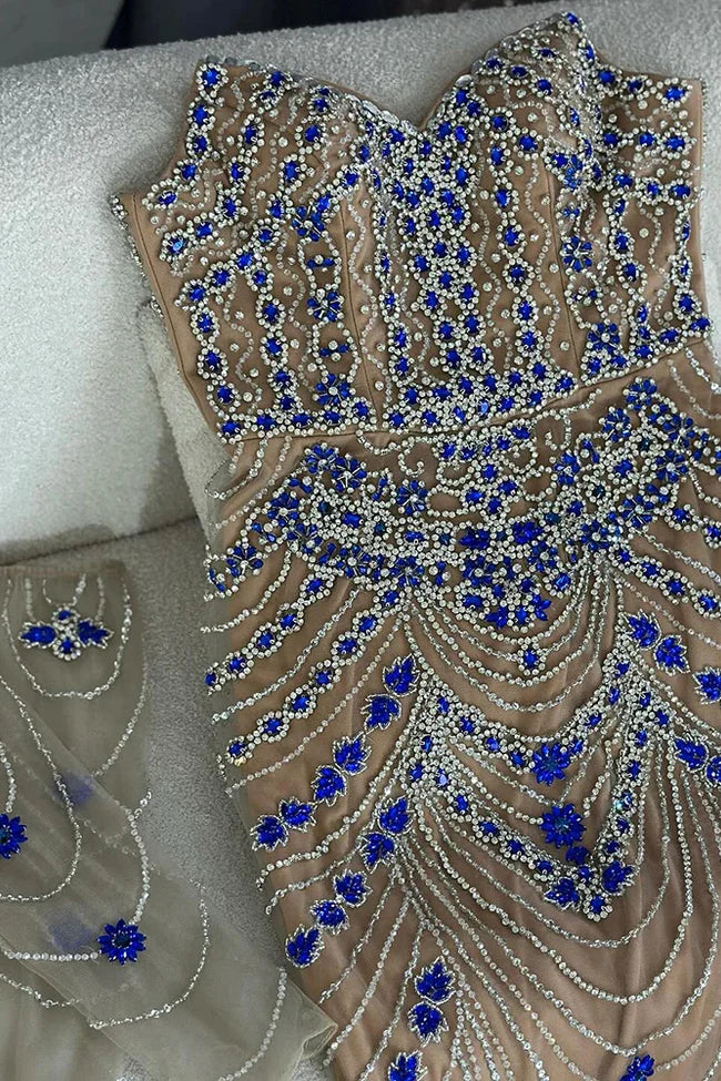 Blue Saudi Arabic Evening Gown Strapless Long Sleeves Beaded Dress For Formal Occasions Birthday Dress Ball Gown