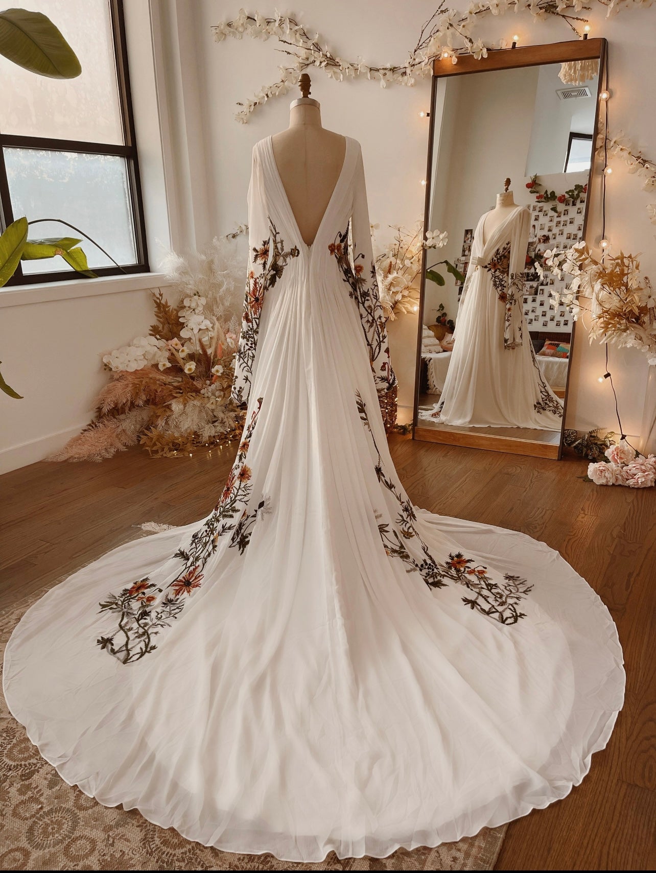 Ivory Embroidery Floral Dress Backless V Neck Floral Embroidery Fairytale Boho Wedding Dress