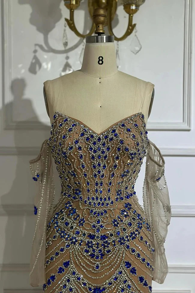 Blue Saudi Arabic Evening Gown Strapless Long Sleeves Beaded Dress For Formal Occasions Birthday Dress Ball Gown