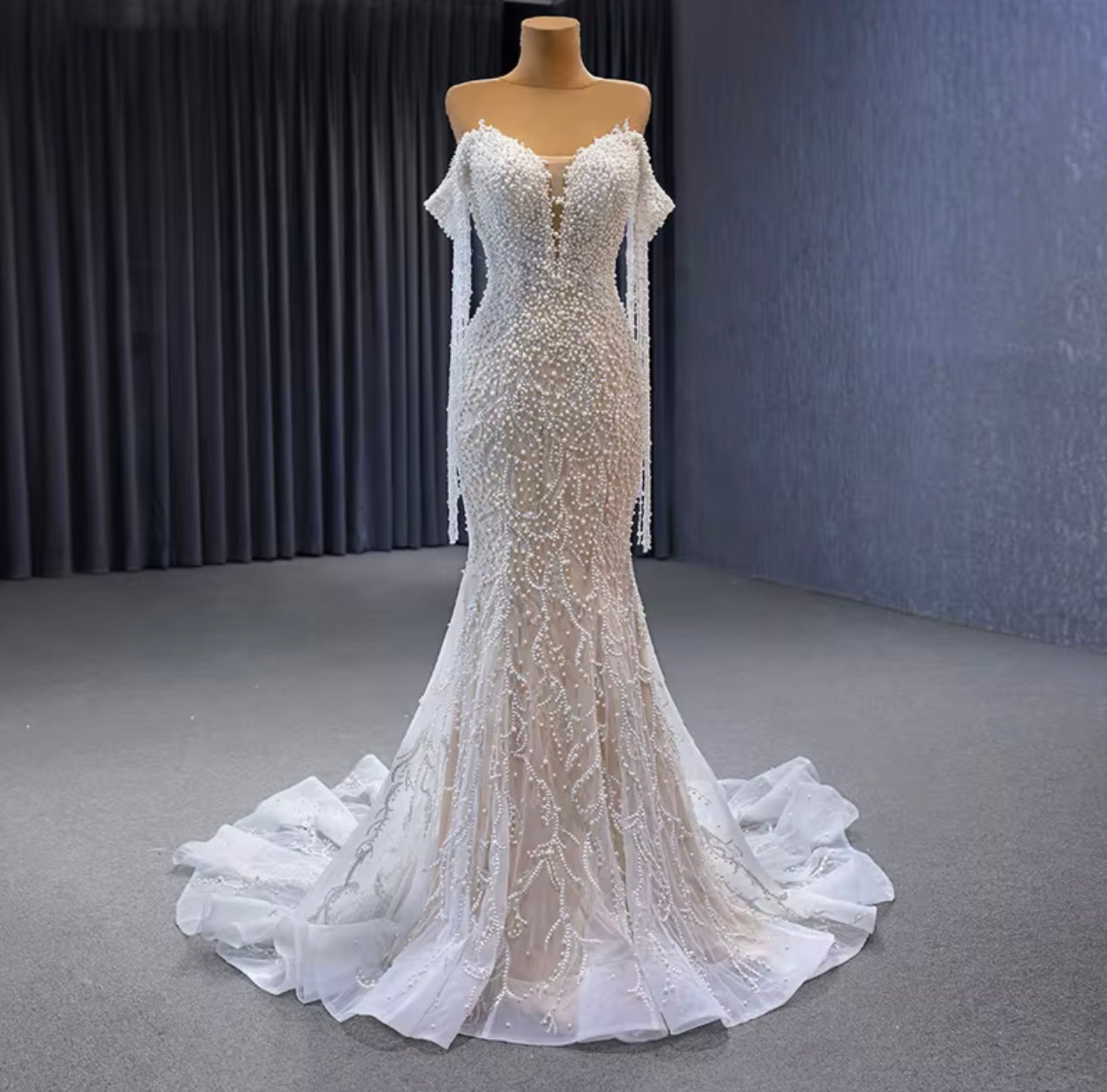 Ivory Off-The-Shoulder Full Sleeves Beads and Pearls Mermaid Wedding Dress