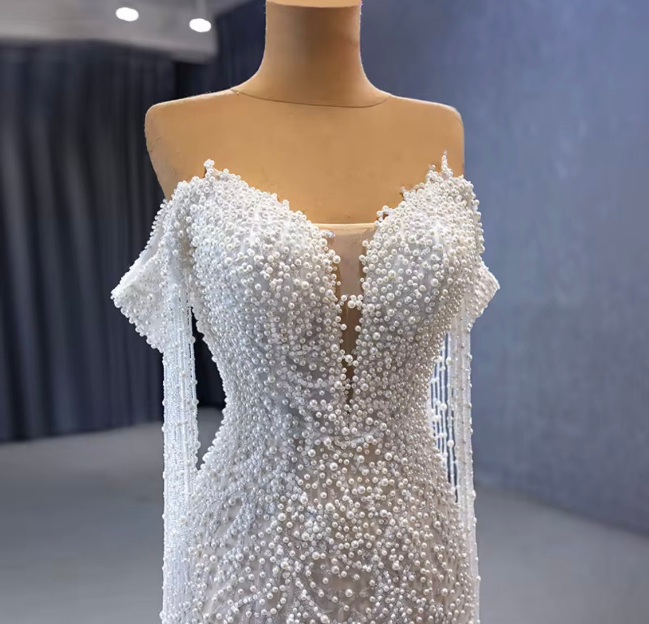 Ivory Off-The-Shoulder Full Sleeves Beads and Pearls Mermaid Wedding Dress