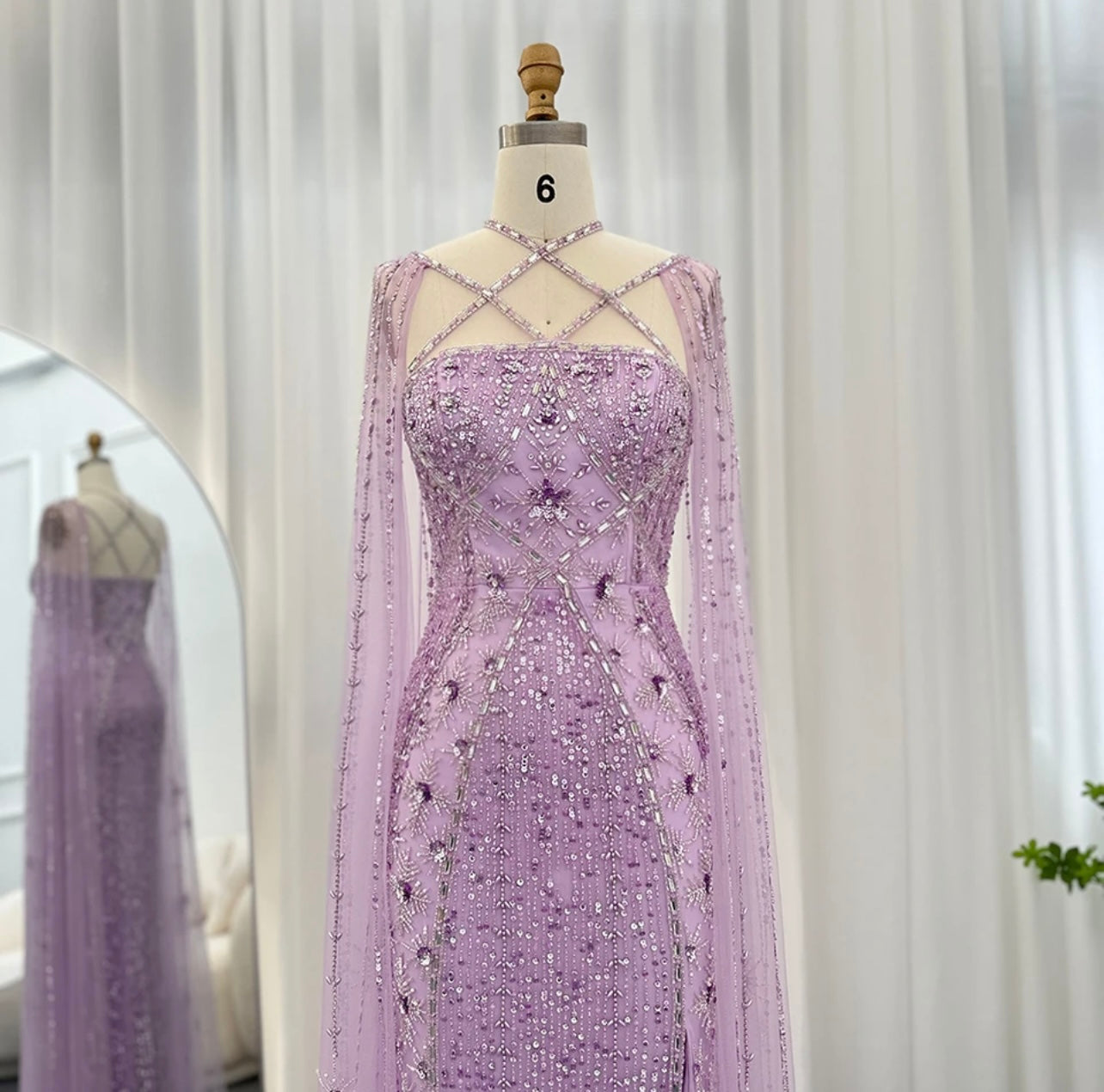 Luxury Aqua Lilac Mermaid Evening Dress with Cape Sleeves Criss Cross Guest of Wedding Gowns