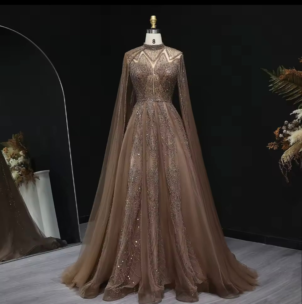 Luxury Evening Dress with Cape Sleeves Gala Wedding Guest Party Ball Gown