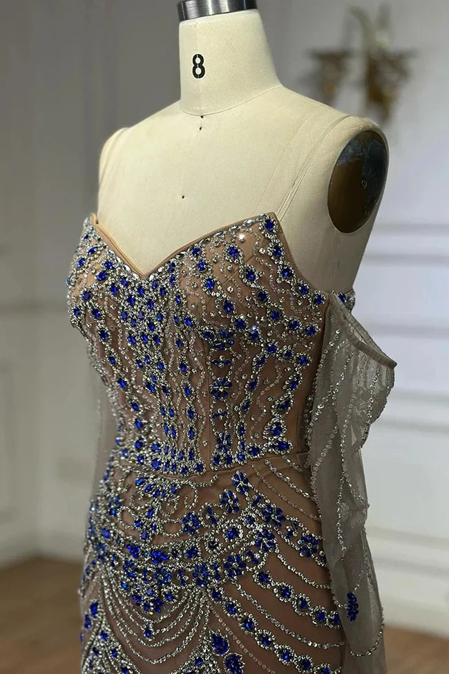 Blue Saudi Arabic Evening Gown Strapless Long Sleeves Beaded Dress For Formal Occasions Birthday Dress Ball Gown