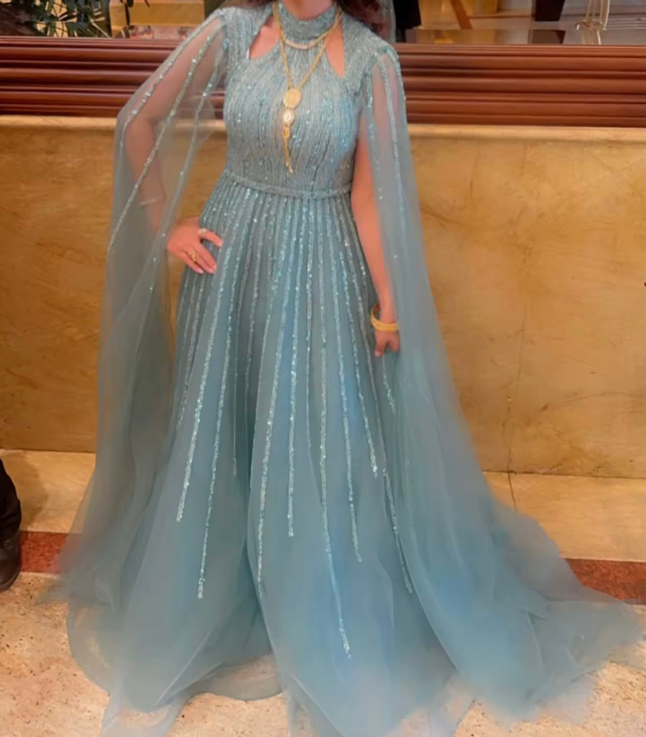 Caramel A-Line Cape Sleeves Beaded Luxury Dubai Evening Dresses Gowns For Women Guest of Wedding