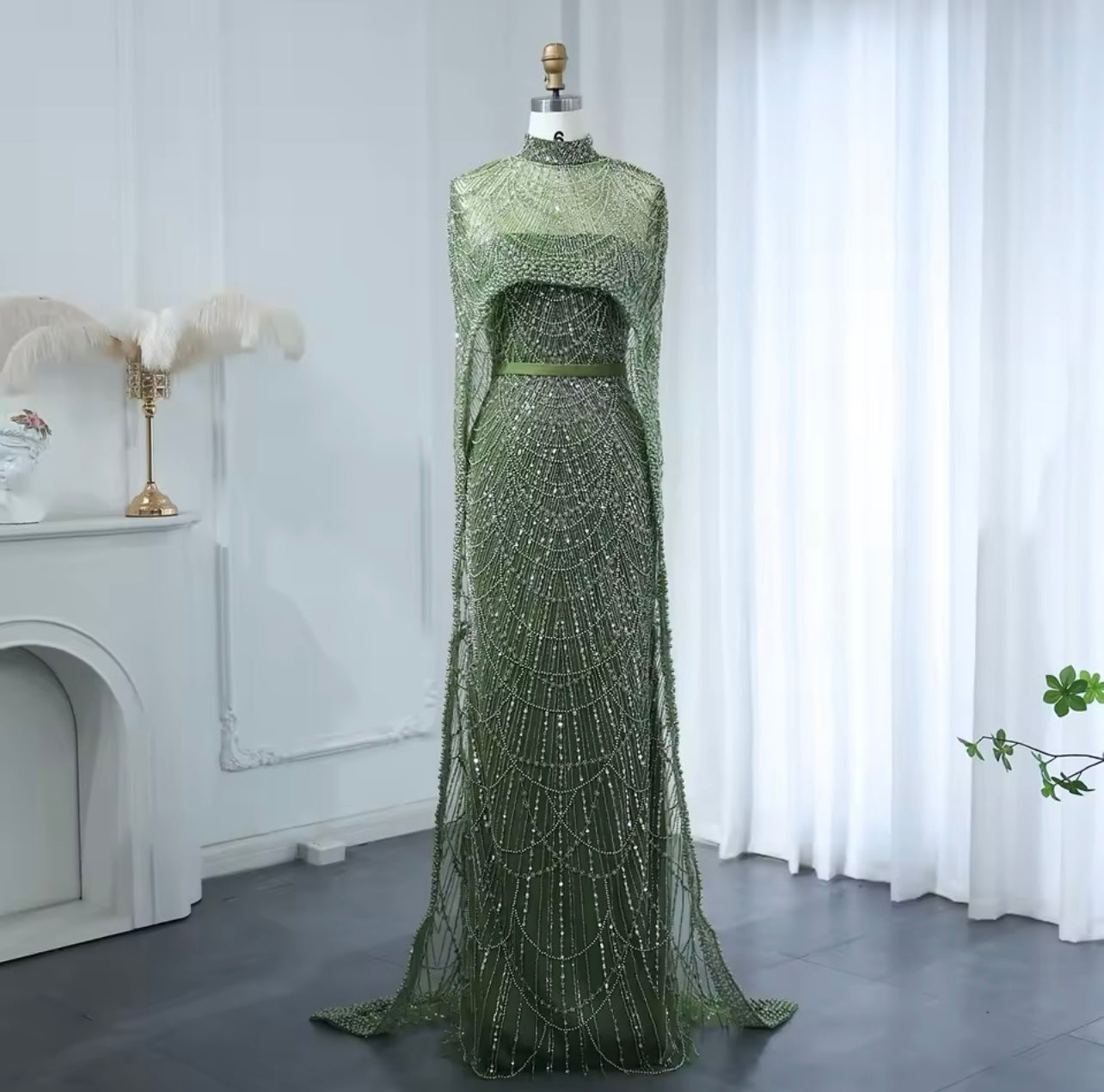 Luxury Pearls Dubai Champagne Mermaid Evening Dresses with Cape Guest of Wedding Gala Gown