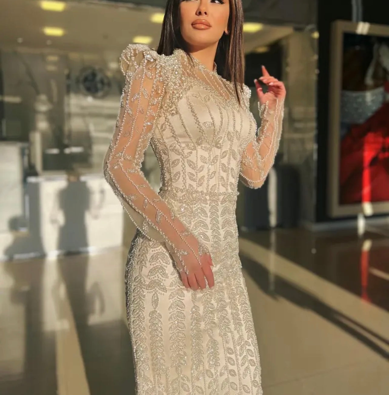 White Embellished Beads and Pearls Evening Dress Women Formal Occasion Dresses Long Sleeve Dubai Celebrity Influencer Dress Fashion