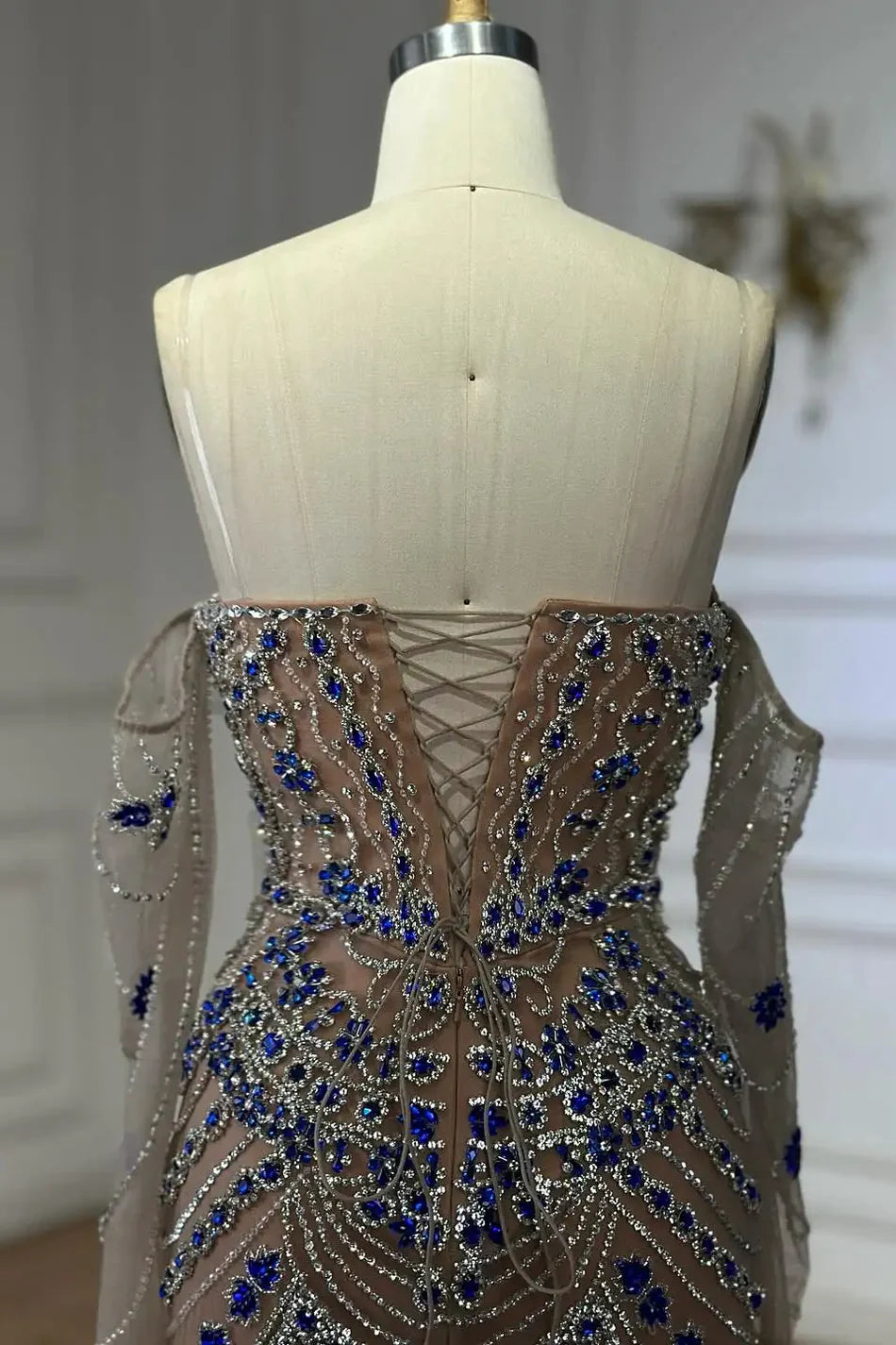 Blue Saudi Arabic Evening Gown Strapless Long Sleeves Beaded Dress For Formal Occasions Birthday Dress Ball Gown