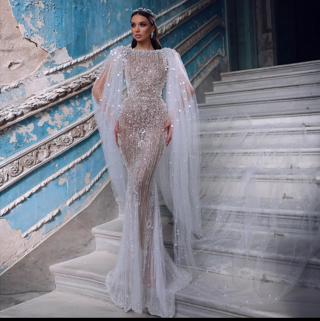 White Nude Mermaid Evening Dress with Cape Sleeves for Women Wedding Guest of Wedding Gala Arabic Bridal Party Gown