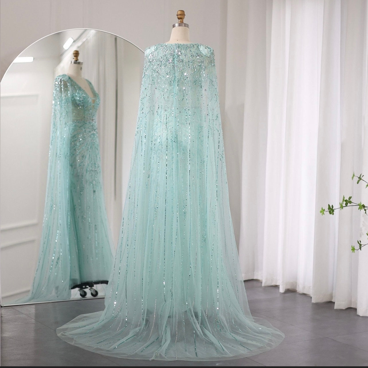 Elegant Turquoise Mermaid Evening Dresses with Cape Sleeves V-Neck Silver Grey Wedding Formal Guest of Wedding Bridesmaid Gowns