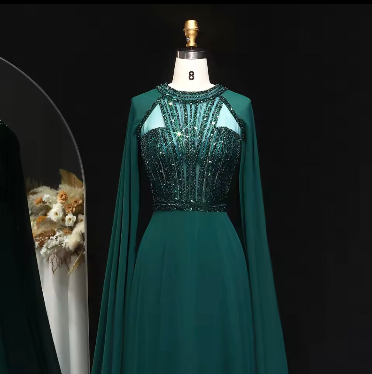 Emerald Green Sequined Evening Dress with Cape Sleeves Women Wedding Guest Gown Gala Gown