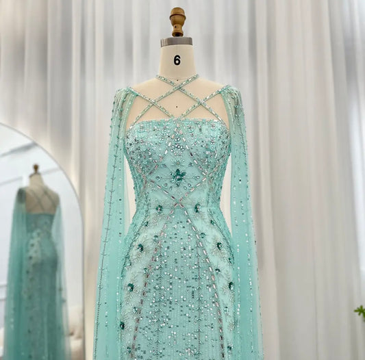 Luxury  Aqua Lilac Mermaid Evening Dress with Cape Sleeves Criss Cross Guest of Wedding Gowns