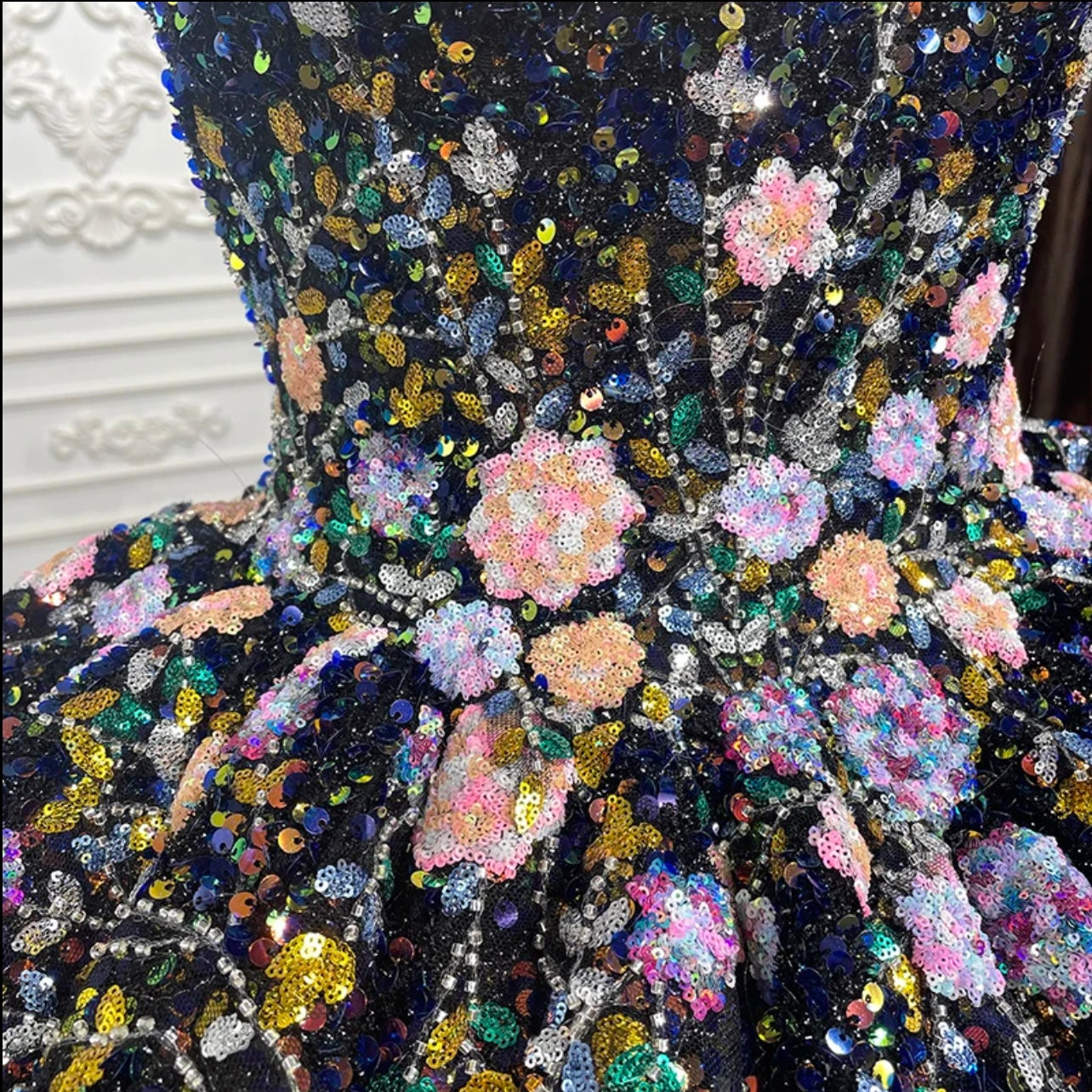 Unique Black Sequined Floral Detail Quinceanera dress