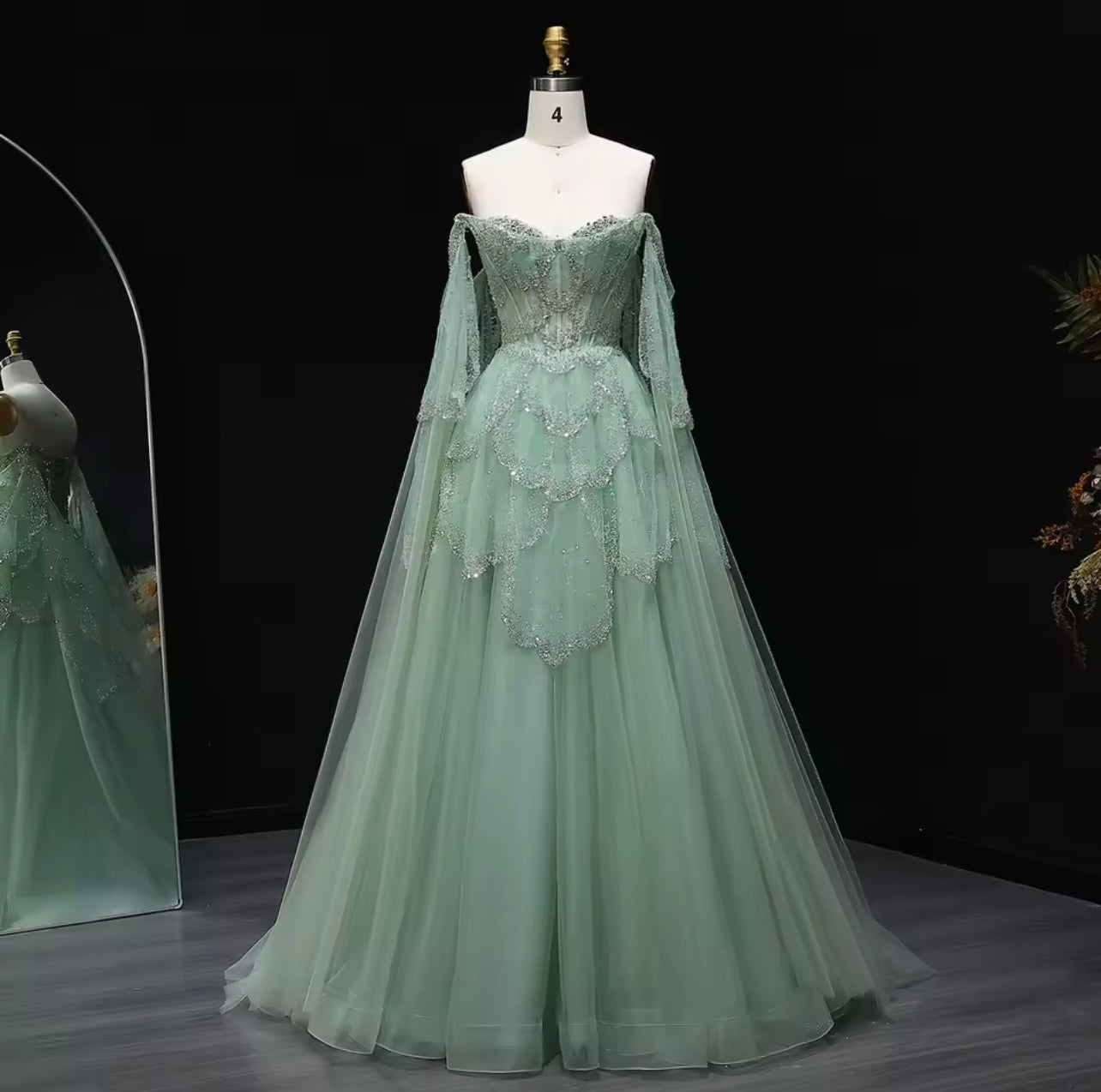 Off Shoulder Sage Green Evening Dress with Cape Sleeves Sweetheart Luxury for Guest of Wedding Gala Ball Gown