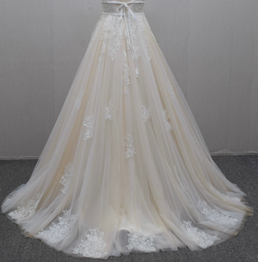 Ivory Wedding Gown With floral Lace Appliqué Deep V neck