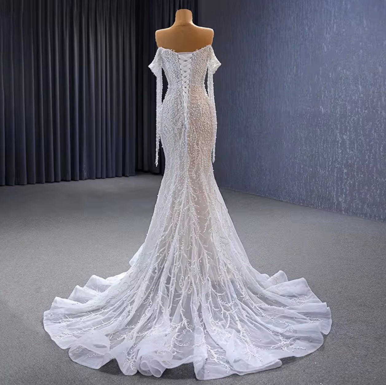Ivory Off-The-Shoulder Full Sleeves Beads and Pearls Mermaid Wedding Dress