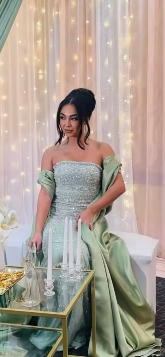 Elegant Sage Green Evening Dresses with Cape Formal Gown Guest of Wedding Bridesmaid Dress